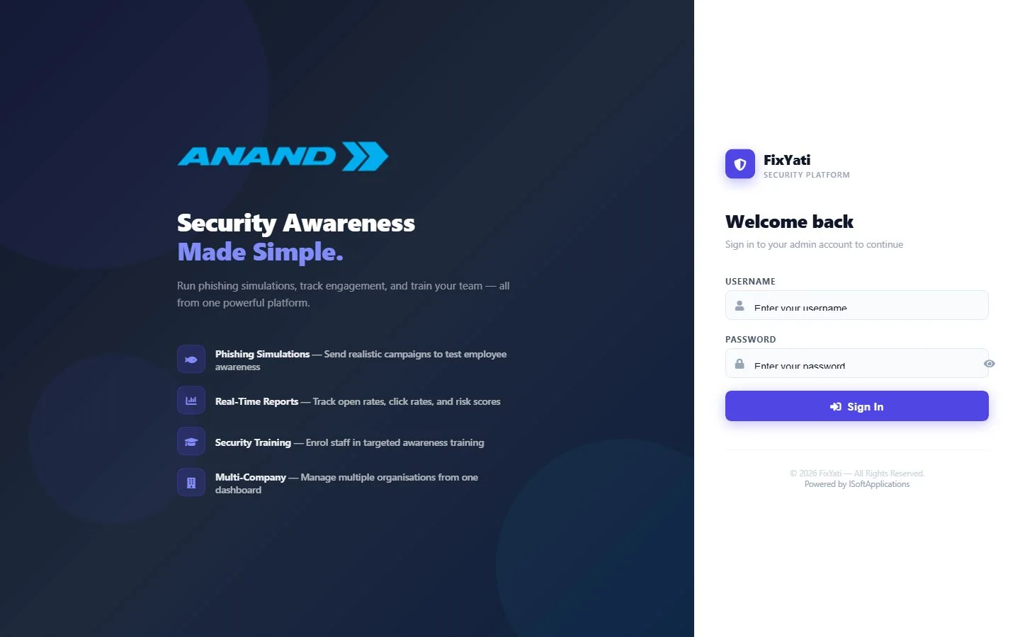 FixYati security awareness platform sign-in page, branded for Anand Automotive