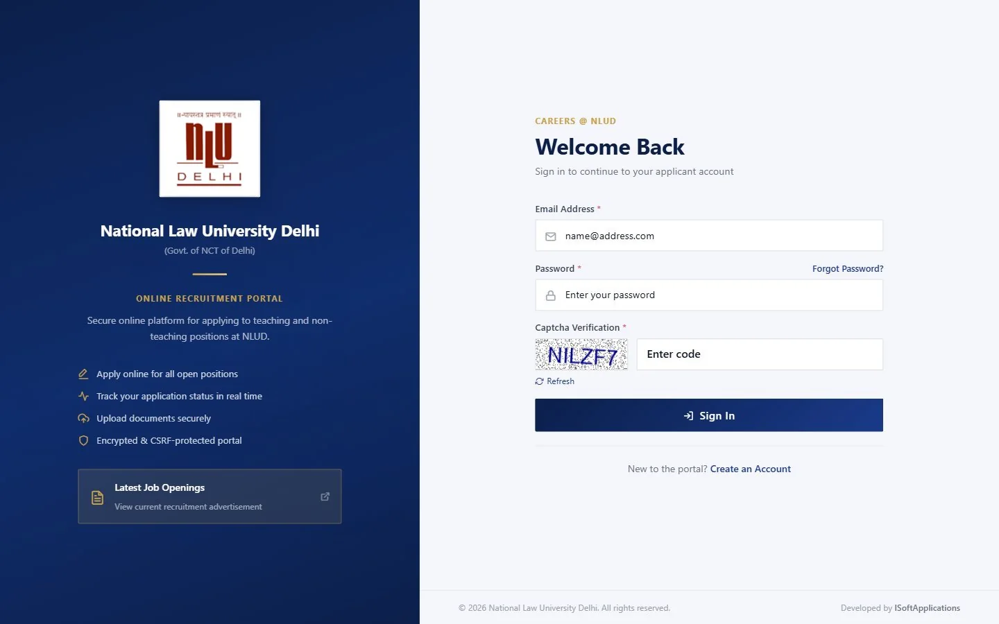Sign-in page of the NLU Delhi online recruitment portal